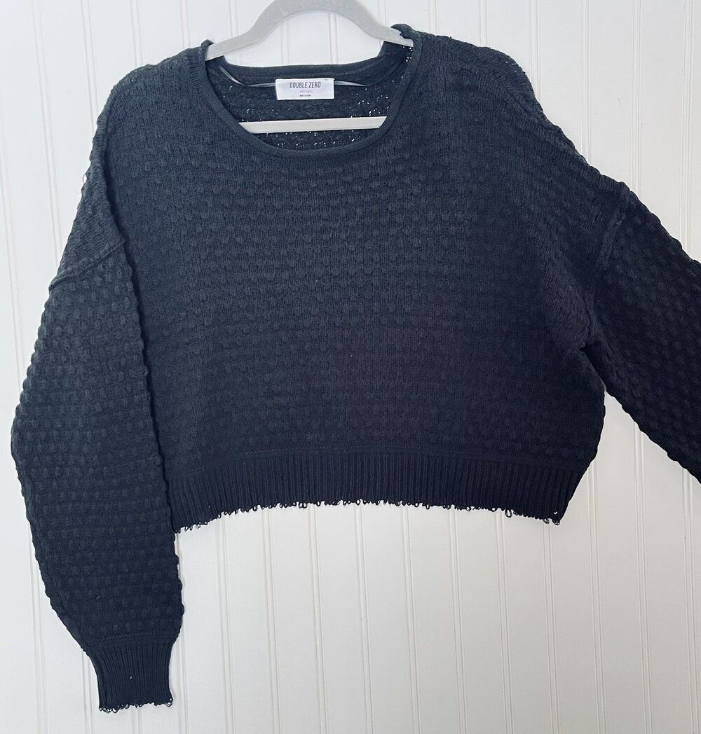 Double Zero Women's Slouchy Crop Navy Knit Long Sleeve Sweater Size Small